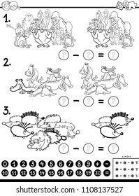 Black and White Cartoon Illustration of Educational Mathematical Subtraction Puzzle Game for Children with Animal Characters Coloring Book
