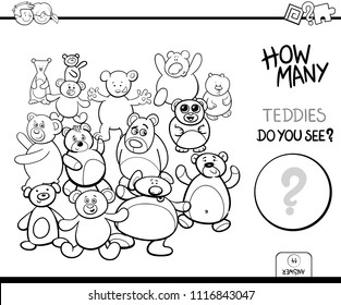 Black and White Cartoon Illustration of Educational Counting Activity Game for Children with Teddy Bears Toy Characters Coloring Book