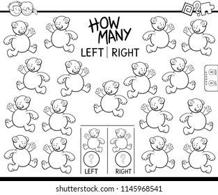 Black and White Cartoon Illustration of Educational Game of Counting Left and Right Picture for Children with Bear Character Coloring Book