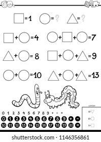 Black and White Cartoon Illustration of Educational Mathematical Calculation Puzzle Game for Children Coloring Book