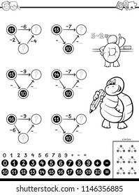 Black and White Cartoon Illustration of Educational Mathematical Subtraction Puzzle Game for Children Coloring Book