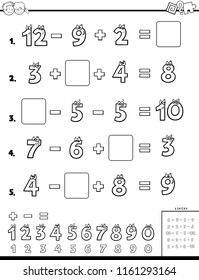 Black and White Cartoon Illustration of Educational Mathematical Calculation Worksheet for Children Coloring Book