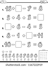 Black and White Cartoon Illustration of Educational Mathematical Calculation Puzzle Worksheet for Children Coloring Book