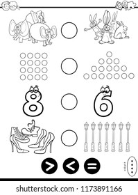 Black and White Cartoon Illustration of Educational Mathematical Puzzle Game of Greater Than, Less Than or Equal to for Children Coloring Book