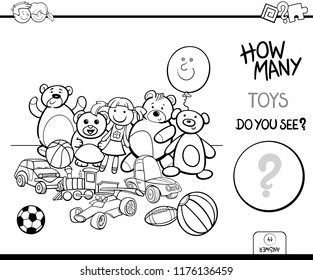 Black and White Cartoon Illustration of Educational Counting Activity Game for Children with Toys Coloring Book