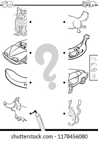Black and White Cartoon Illustration of Educational Matching Halves of Pictures Game Coloring Book