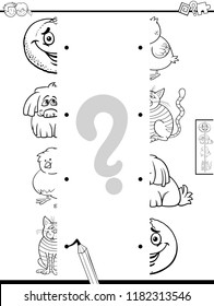 Black and White Cartoon Illustration of Educational Game of Matching Halves of Pictures with Funny Characters Coloring Book