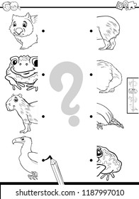 Black and White Cartoon Illustration of Educational Game of Matching Halves of Pictures with Animals Coloring Book