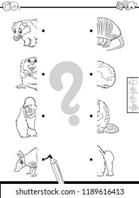 Black and White Cartoon Illustration of Educational Game of Matching Halves of Pictures with Animals Color Book