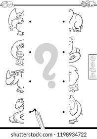 Black and White Cartoon Illustration of Educational Game of Matching Halves of Pictures with Cute Animals Color Book
