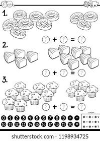 Black and White Cartoon Illustration of Educational Mathematical Addition Calculation Puzzle Game for Preschool and Elementary Age Children with Sweet Food Coloring Book