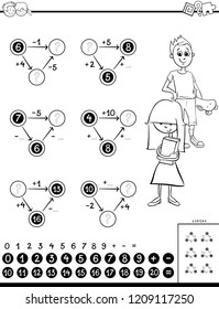 Black and White Cartoon Illustration of Educational Mathematical Calculation Puzzle Game for Kids Coloring Book