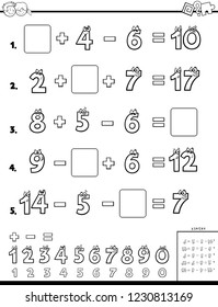 Black and White Cartoon Illustration of Educational Mathematical Calculation Puzzle Worksheet for Children Coloring Book