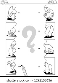 Black and White Cartoon Illustration of Educational Pictures Matching Game for Children with Jigsaw Puzzles of Animals Coloring Page