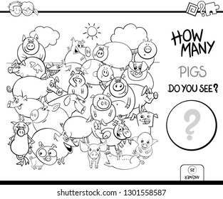 Black and White Cartoon Illustration of Educational Counting Activity Game with Pigs Farm Animal Characters Coloring Book