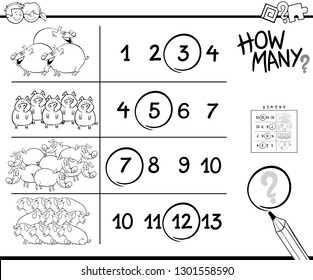 Black and White Cartoon Illustration of Educational Counting Activity for Children with Pigs Animal Characters Coloring Book