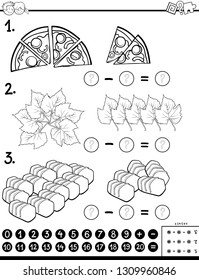 Black and White Cartoon Illustration of Educational Mathematical Subtraction Puzzle Task for Children with Objects Coloring Book