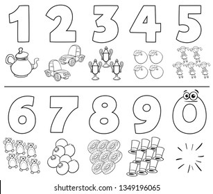 Black and White Cartoon Illustration of Educational Numbers Set from One to Nine with Objects Coloring Book