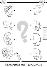 Black and White Cartoon Illustration of Educational Game of Matching Halves of Pictures with Wild Animal Characters Color Book