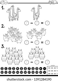 Black and White Cartoon Illustration of Educational Mathematical Subtraction Puzzle Task for Children with Animal Characters Coloring Book