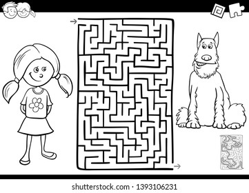 Black and White Cartoon Illustration of Educational Maze or Labyrinth Activity Game for Children with Girl and Her Pet Dog Coloring Book