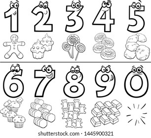 Black and White Cartoon Illustration of Educational Numbers Collection from One to Nine with Sweet Food Objects Coloring Book