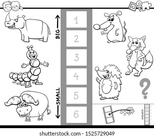 Black and White Cartoon Illustration of Educational Game of Finding the Largest and the Smallest Animal with Funny Characters for Kids Coloring Book