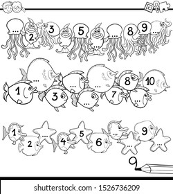 Black and White Cartoon Illustration of Educational Activity for Preschool Children with Count to Ten Worksheet Coloring Book
