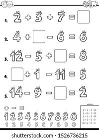 Black and White Cartoon Illustration of Educational Mathematical Calculation Worksheet for Children Coloring Book