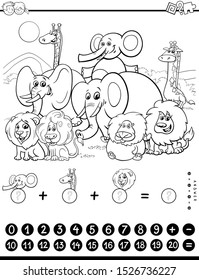 Black and White Cartoon Illustration of Educational Mathematical Counting and Addition Game for Children with Wild Animal Characters Coloring Book