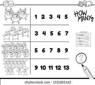 Black and White Cartoon Illustration of Educational Counting Task for Children with Funny Farm Animal Characters Coloring Book