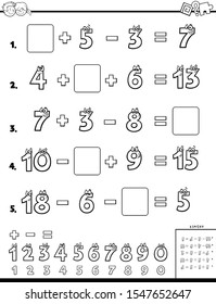 Black and White Cartoon Illustration of Educational Mathematical Calculation Worksheet for Elementary School Children