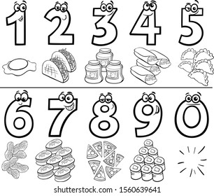 Black and White Cartoon Illustration of Educational Numbers Collection from One to Nine with Food Objects Coloring Book
