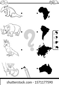 Black and White Cartoon Illustration of Educational Matching Game for Children with Animal Species Characters and Continent Shapes Coloring Book Page