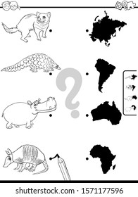 Black and White Cartoon Illustration of Educational Pictures Matching Game for Children with Animal Species Characters and Continent Silhouettes Coloring Book Page