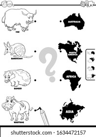 Black and White Cartoon Illustration of Educational Matching Game for Children with Animal Species Characters and Continent Shapes Coloring Book Page