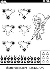 Black and White Cartoon Illustration of Educational Mathematical Calculation Diagram Task for Children with Elementary Age Girl Coloring Book Worksheet Page