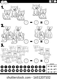 Black and White Cartoon Illustration of Educational Mathematical Subtraction Puzzle Game for Children with Cats and Kittens Animal Characters Coloring Book Page