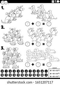 Black and White Cartoon Illustration of Educational Mathematical Addition Puzzle Task for Children with Dogs and Puppies Animal Characters Coloring Book Page