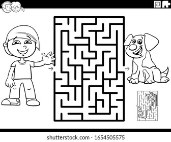 Black and White Cartoon Illustration of Educational Maze Puzzle Game for Children with Boy and Puppy Dog Character Coloring Book Page