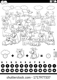 Black and White Cartoon Illustration of Educational Mathematical Counting and Addition Game for Children with Pets Animal Characters Coloring Book Page