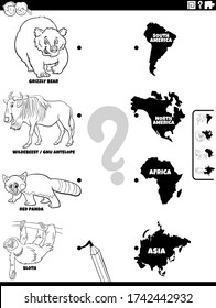 Black and White Cartoon Illustration of Educational Matching Task for Children with Animal Species Characters and Continent Shapes Coloring Book Page