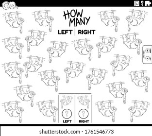 Black and White Cartoon Illustration of Educational Task of Counting Left and Right Oriented Pictures of Sloth Animal Character Coloring Book Page