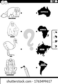 Black and White Cartoon Illustration of Educational Matching Game for Children with Wild Animal Species Characters and Continent Shapes Coloring Book Page svg