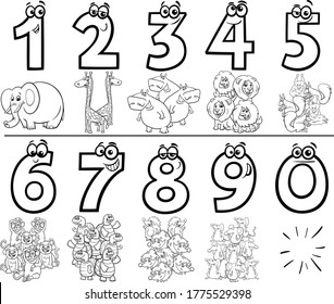 Black and White Cartoon Illustration of Educational Numbers Collection from One to Nine with Comic Wild Animal Characters Coloring Book Page