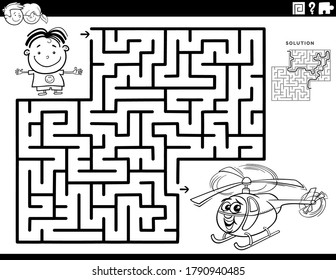 Black and White Cartoon Illustration of Educational Maze Puzzle Game for Children with Boy Character and Toy Helicopter Coloring Book Page