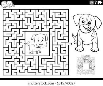 Black and White Cartoon Illustration of Educational Maze Puzzle Game for Children with Puppies Coloring Book Page