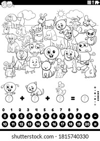 Black and White Cartoon Illustration of Educational Mathematical Counting and Addition Game for Children with Dogs Cats and Mice Coloring Book Page