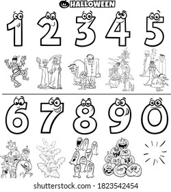Black and White Cartoon Illustration of Educational Numbers Set from One to Nine with Halloween Characters Coloring Book Page