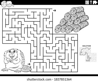 Black and White Cartoon Illustration of Educational Maze Puzzle Game for Children with Beaver and Wood Logs Coloring Book Page